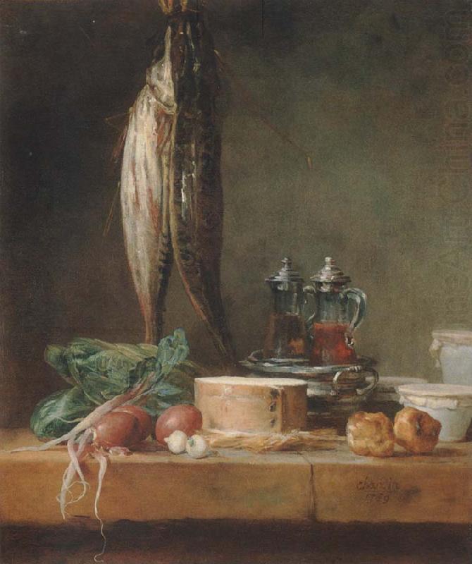 Jean Baptiste Simeon Chardin Style life with fish, Grunzeug, Gougeres shot el as well as oil and vinegar pennant on a table china oil painting image